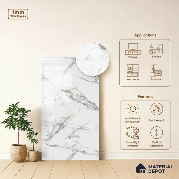 White Marble Look LM 03866 8 ft x 4 ft High Gloss Finish Decorative Laminate - 1 mm | Suitable for TV Unit, Wardrobe, Kitchen Cabinets
