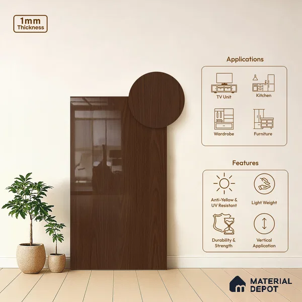 Wooden Look LM 03867 Caramel 8 ft x 4 ft High Gloss Finish Decorative Laminate - 1 mm | Suitable for TV Unit, Wardrobe, Kitchen Cabinets