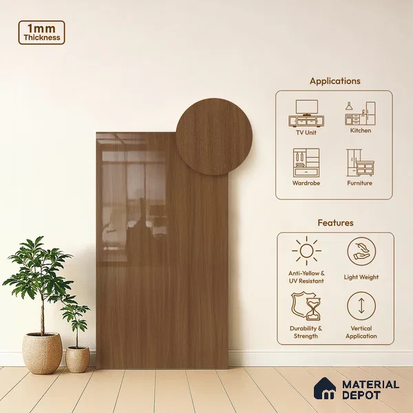 Wooden Look LM 03870 Sessaila Oak 8 ft x 4 ft High Gloss Finish Decorative Laminate - 1 mm | Suitable for TV Unit, Wardrobe, Kitchen Cabinets