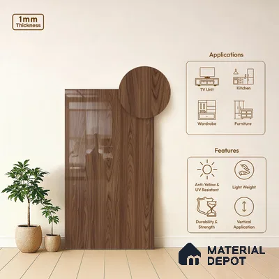 Wooden Look LM 03872 Modern Walnut 8 ft x 4 ft High Gloss Finish Decorative Laminate - 1 mm | Suitable for TV Unit, Wardrobe, Kitchen Cabinets