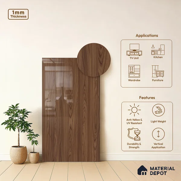 Wooden Look LM 03872 Modern Walnut 8 ft x 4 ft High Gloss Finish Decorative Laminate - 1 mm | Suitable for TV Unit, Wardrobe, Kitchen Cabinets