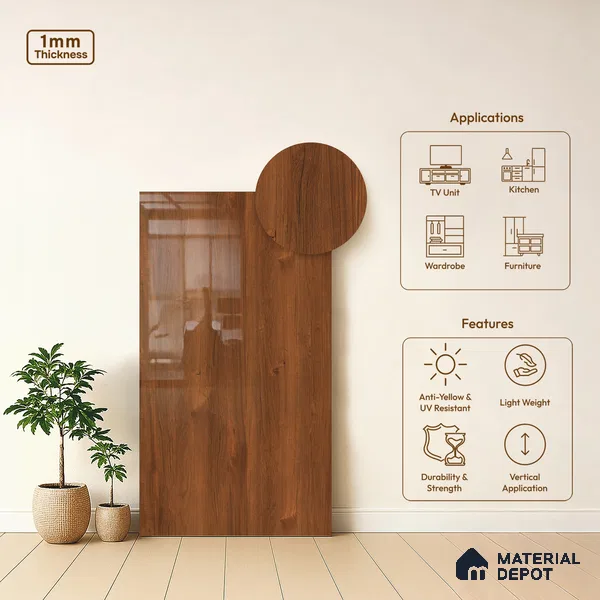 Wooden Look LM 03874 Verona Wood 8 ft x 4 ft High Gloss Finish Decorative Laminate - 1 mm | Suitable for TV Unit, Wardrobe, Kitchen Cabinets