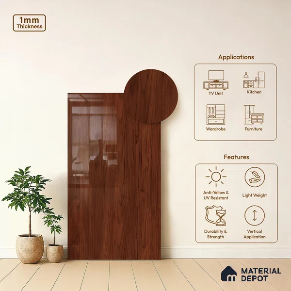 Wooden Look LM 03877 Inca Maple 8 ft x 4 ft High Gloss Finish Decorative Laminate - 1 mm | Suitable for TV Unit, Wardrobe, Kitchen Cabinets