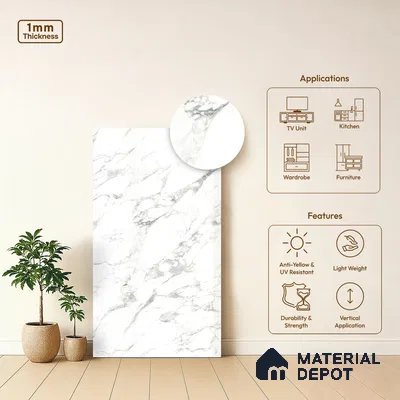 White Marble Look LM 03885 8 ft x 4 ft Texture Finish Decorative Laminate - 1 mm | Suitable for TV Unit, Wardrobe, Kitchen Cabinets
