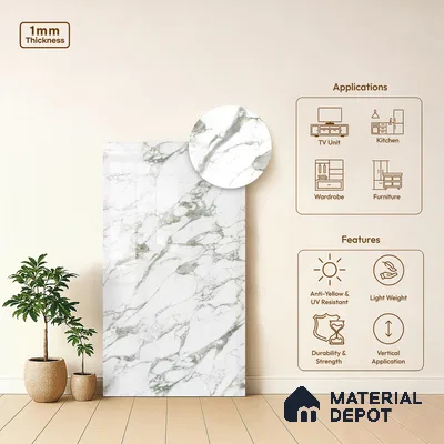 White Marble Look LM 03887 8 ft x 4 ft High Gloss Finish Decorative Laminate - 1 mm | Suitable for TV Unit, Wardrobe, Kitchen Cabinets