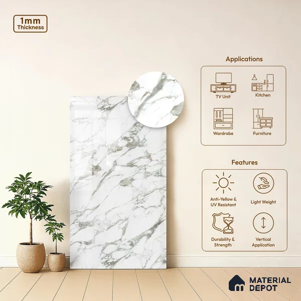 White Marble Look LM 03887 8 ft x 4 ft High Gloss Finish Decorative Laminate - 1 mm | Suitable for TV Unit, Wardrobe, Kitchen Cabinets