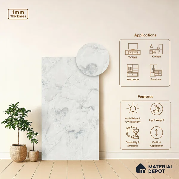 White Marble Look LM 03888 8 ft x 4 ft Matte Finish Decorative Laminate - 1 mm | Suitable for TV Unit, Wardrobe, Kitchen Cabinets