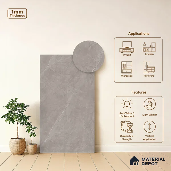 Grey Marble Look LM 03890 8 ft x 4 ft Matte Finish Decorative Laminate - 1 mm | Suitable for TV Unit, Wardrobe, Kitchen Cabinets