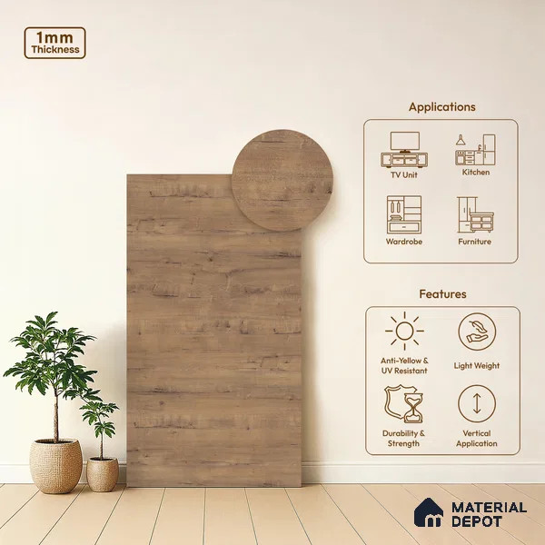 Wooden Look LM 03941 Bunratty Oak 8 ft x 4 ft Texture Finish Decorative Laminate - 1 mm | Suitable for TV Unit, Wardrobe, Kitchen Cabinets