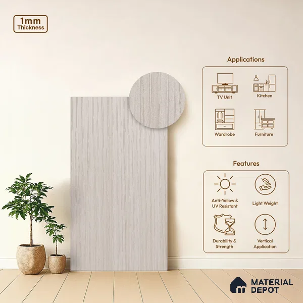 Wooden Look LM 03945 Ice Wood 8 ft x 4 ft Texture Finish Decorative Laminate - 1 mm | Suitable for TV Unit, Wardrobe, Kitchen Cabinets