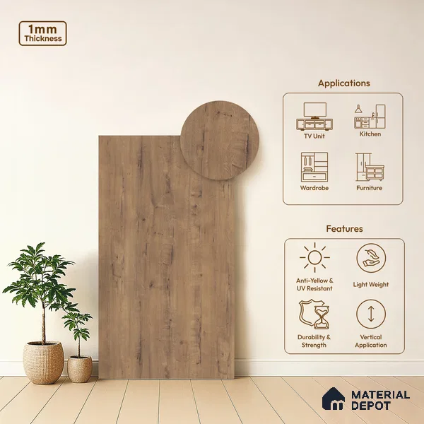 Wooden Look LM 03980 Bunratty Oak 8 ft x 4 ft Suede Finish Decorative Laminate - 1 mm | Suitable for TV Unit, Wardrobe, Kitchen Cabinets