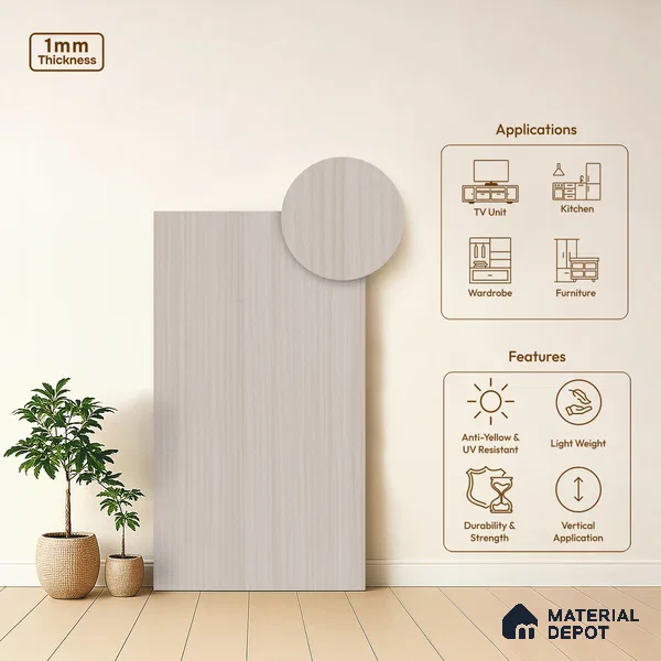 Wooden Look LM 03985 Ice Wood 8 ft x 4 ft Suede Finish Decorative Laminate - 1 mm | Suitable for TV Unit, Wardrobe, Kitchen Cabinets
