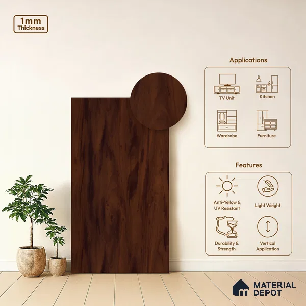 Wooden Look LM 03991 Sisam Walnut 8 ft x 4 ft Suede Finish Decorative Laminate - 1 mm | Suitable for TV Unit, Wardrobe, Kitchen Cabinets