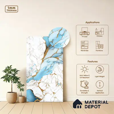 White Marble Look LM 20109 8 ft x 4 ft Glossy Finish Decorative Laminate - 1 mm | Suitable for TV Unit, Wardrobe, Kitchen Cabinets