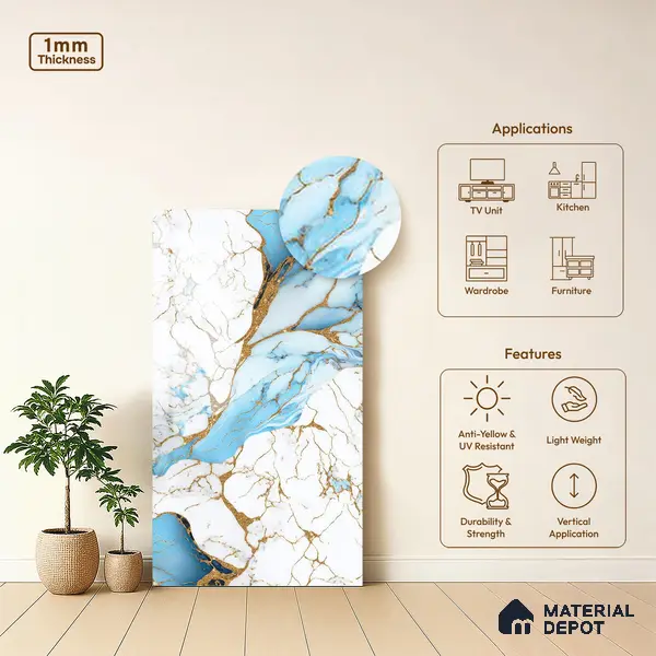 White Marble Look LM 20109 8 ft x 4 ft Glossy Finish Decorative Laminate - 1 mm | Suitable for TV Unit, Wardrobe, Kitchen Cabinets