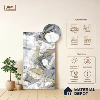 Grey Marble Look LM 20111 8 ft x 4 ft Glossy Finish Decorative Laminate - 1 mm | Suitable for TV Unit, Wardrobe, Kitchen Cabinets