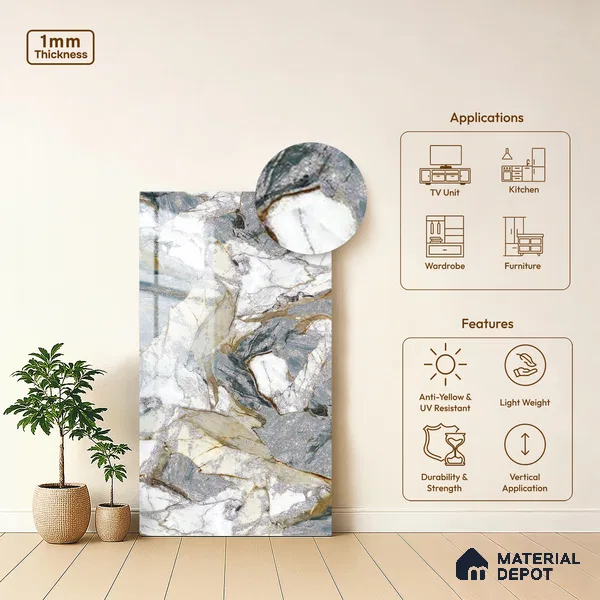 Grey Marble Look LM 20111 8 ft x 4 ft Glossy Finish Decorative Laminate - 1 mm | Suitable for TV Unit, Wardrobe, Kitchen Cabinets