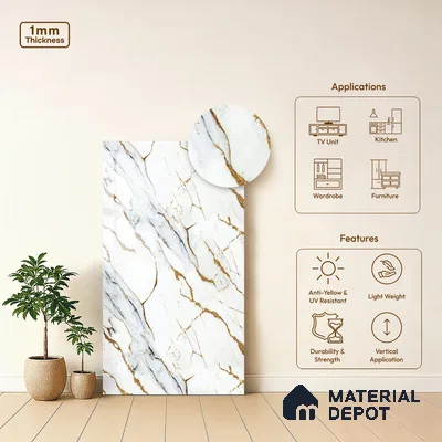 White Marble Look LM 20113 8 ft x 4 ft Glossy Finish Decorative Laminate - 1 mm | Suitable for TV Unit, Wardrobe, Kitchen Cabinets