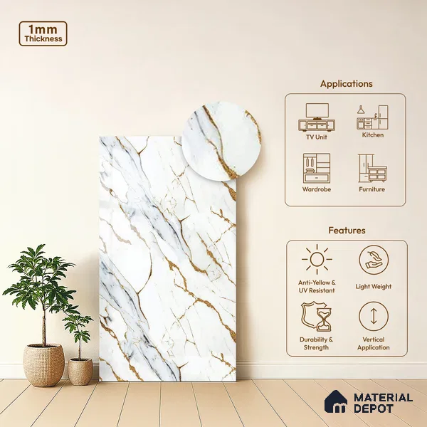 White Marble Look LM 20113 8 ft x 4 ft Glossy Finish Decorative Laminate - 1 mm | Suitable for TV Unit, Wardrobe, Kitchen Cabinets