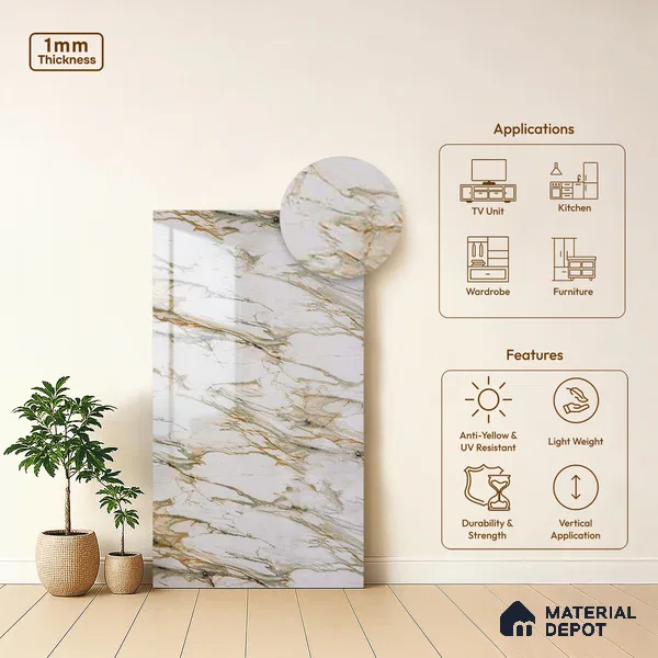 Beige Marble Look LM 20114 8 ft x 4 ft Glossy Finish Decorative Laminate - 1 mm | Suitable for TV Unit, Wardrobe, Kitchen Cabinets