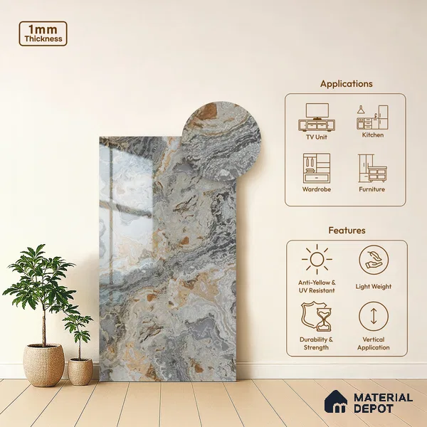 Beige Marble Look LM 20115 8 ft x 4 ft Glossy Finish Decorative Laminate - 1 mm | Suitable for TV Unit, Wardrobe, Kitchen Cabinets