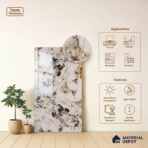Beige Marble Look LM 20116 8 ft x 4 ft Glossy Finish Decorative Laminate - 1 mm | Suitable for TV Unit, Wardrobe, Kitchen Cabinets