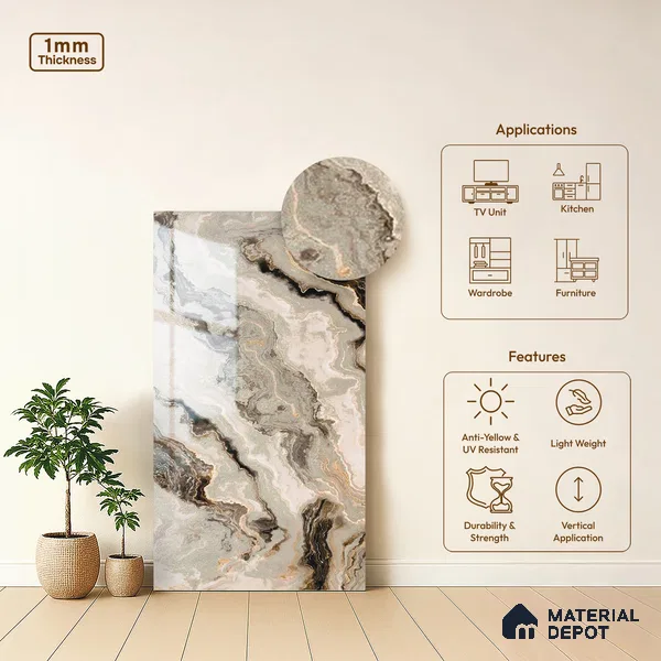 Beige Marble Look LM 20117 8 ft x 4 ft Glossy Finish Decorative Laminate - 1 mm | Suitable for TV Unit, Wardrobe, Kitchen Cabinets