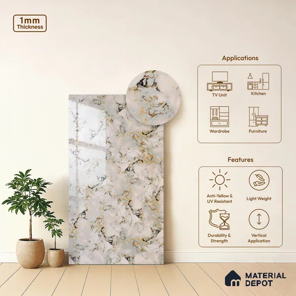 Beige Marble Look LM 20118 8 ft x 4 ft Glossy Finish Decorative Laminate - 1 mm | Suitable for TV Unit, Wardrobe, Kitchen Cabinets