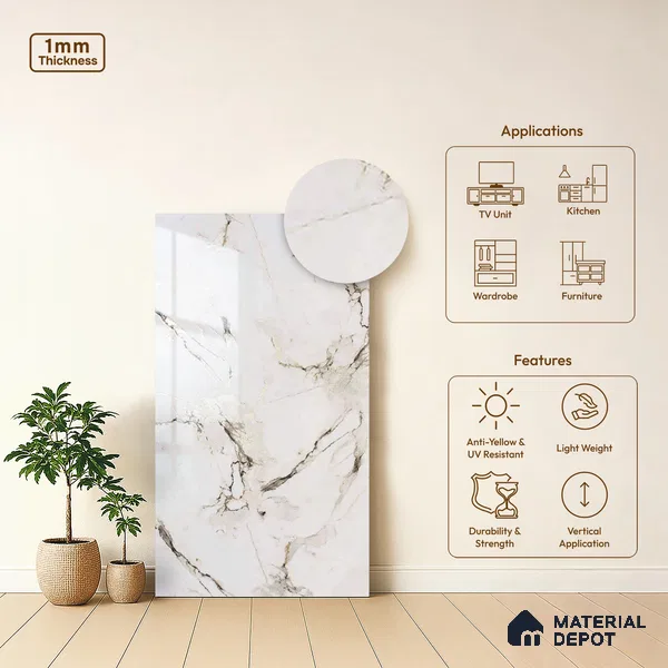 Beige Marble Look LM 20119 8 ft x 4 ft Glossy Finish Decorative Laminate - 1 mm | Suitable for TV Unit, Wardrobe, Kitchen Cabinets