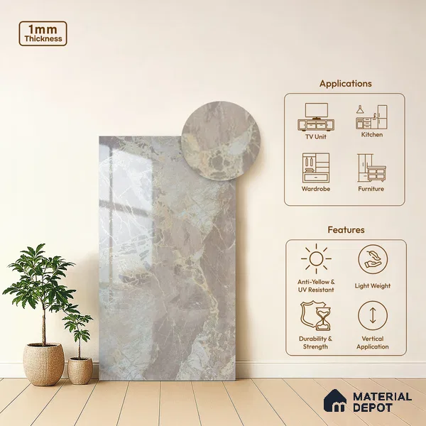 Beige Marble Look LM 20120 8 ft x 4 ft Glossy Finish Decorative Laminate - 1 mm | Suitable for TV Unit, Wardrobe, Kitchen Cabinets