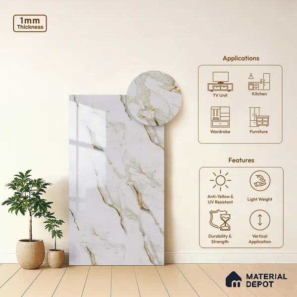 Beige Marble Look LM 20121 8 ft x 4 ft Glossy Finish Decorative Laminate - 1 mm | Suitable for TV Unit, Wardrobe, Kitchen Cabinets