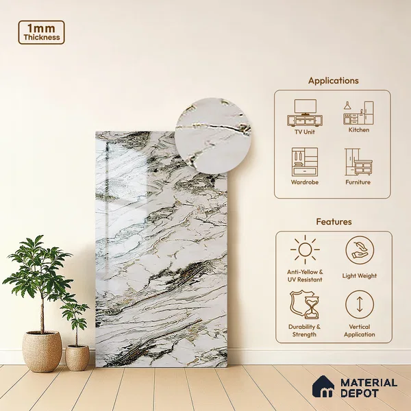 Beige Marble Look LM 20123 8 ft x 4 ft Glossy Finish Decorative Laminate - 1 mm | Suitable for TV Unit, Wardrobe, Kitchen Cabinets