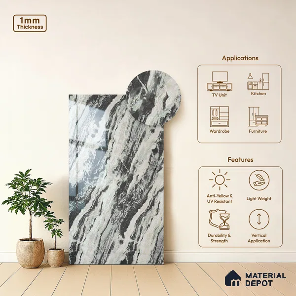 Beige Marble Look LM 20124 8 ft x 4 ft Glossy Finish Decorative Laminate - 1 mm | Suitable for TV Unit, Wardrobe, Kitchen Cabinets
