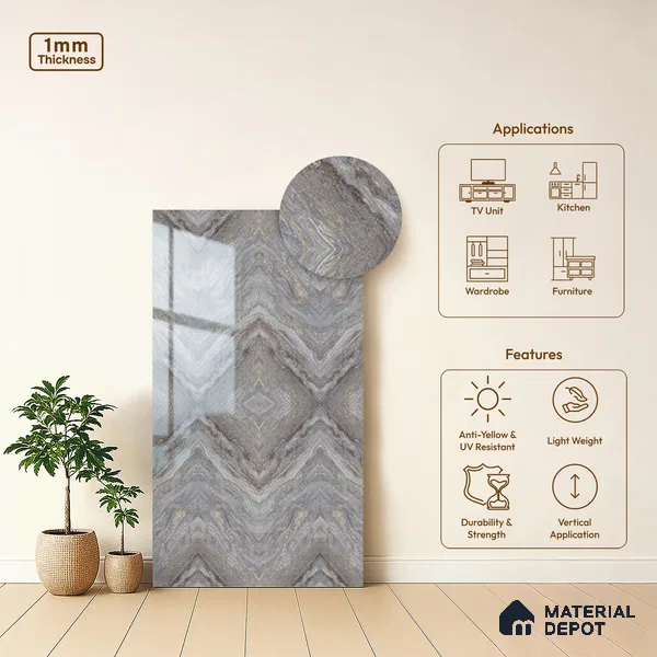 Grey Marble Look LM 20126 8 ft x 4 ft Glossy Finish Decorative Laminate - 1 mm | Suitable for TV Unit, Wardrobe, Kitchen Cabinets