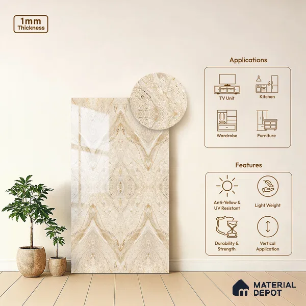 Brown Marble Look LM 20138 8 ft x 4 ft Glossy Finish Decorative Laminate - 1 mm | Suitable for TV Unit, Wardrobe, Kitchen Cabinets