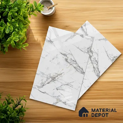 White Marble Look LM 03866 8 ft x 4 ft High Gloss Finish Decorative Laminate - 1 mm | Suitable for TV Unit, Wardrobe, Kitchen Cabinets