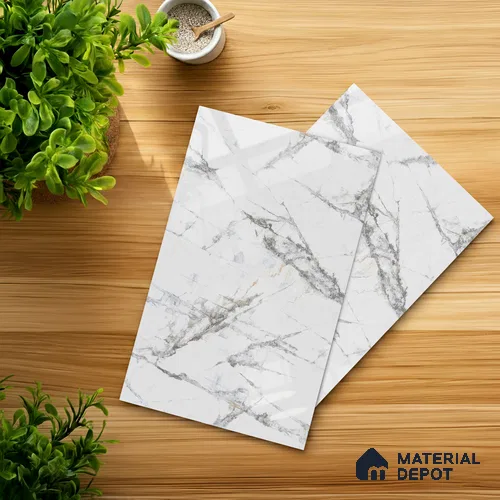 White Marble Look LM 03866 8 ft x 4 ft High Gloss Finish Decorative Laminate - 1 mm | Suitable for TV Unit, Wardrobe, Kitchen Cabinets