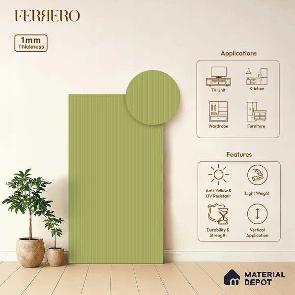 Spring Pistachio Green Fluted Solid Color 2B4720 A 191 Spring Pistachio 8 ft x 4 ft Matte Finish Decorative Laminate - 1 mm | Suitable for TV Unit,Wardrobe, Kitchen Cabinets