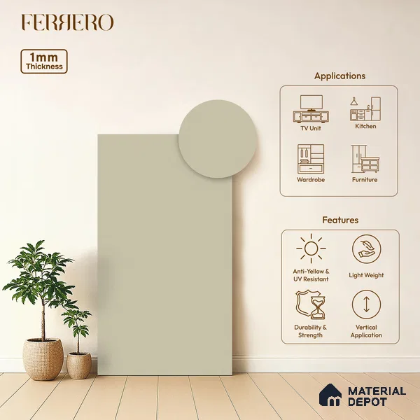 Cream Solid Colors look 2B4728 A 155 Pale Ash 8 ft x 4 ft Matte Finish Decorative Laminate - 1 mm | Suitable for Living Room, Kitchen, Office | Matching Edgeband 1052 from E3