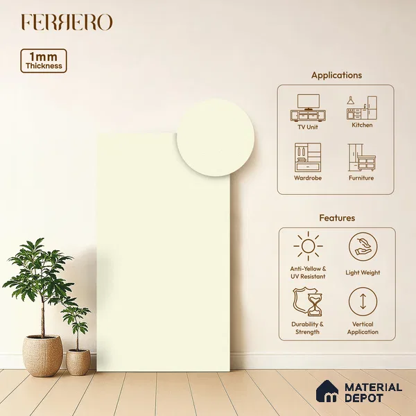 Beige Solid Colors look 2BBR 4003 A 151 Warm Whisper 8 ft x 4 ft Texture Finish Decorative Laminate - 1 mm | Suitable for Bedroom, TV Unit, Wardrobe, Kitchen Cabinet | Matching Edgeband 75638 from Rehau