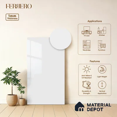 White Solid Colors look 2BBR 4133 A 8 Snowy White 8 ft x 4 ft Glossy Finish Decorative Laminate - 1 mm | Suitable for Living Room, Kitchen, Office | Matching Edgeband 1101 from E3