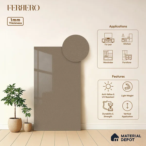 Brown Solid Colors look 2B8063 A 8 Faded Cocoa 8 ft x 4 ft Glossy Finish Decorative Laminate - 1 mm | Suitable for Living Room, Kitchen, Office | Matching Edgeband 110135 from Rehau