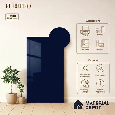 Blue Solid Colors look 2B4134 A 8 Indigo Night 8 ft x 4 ft Glossy Finish Decorative Laminate - 1 mm | Suitable for Living Room, Kitchen, Office | Matching Edgeband 10207 SHGL from Prism