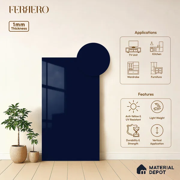 Blue Solid Colors look 2B4134 A 8 Indigo Night 8 ft x 4 ft Glossy Finish Decorative Laminate - 1 mm | Suitable for Living Room, Kitchen, Office | Matching Edgeband 10207 SHGL from Prism