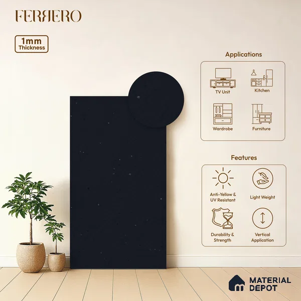 Stone look 2B8095 A 175 Midnight Drift 8 ft x 4 ft Texture Finish Decorative Laminate - 1 mm | Suitable for Bedroom, TV Unit, Wardrobe, Kitchen Cabinet | Matching Edgeband 10207 from Prism