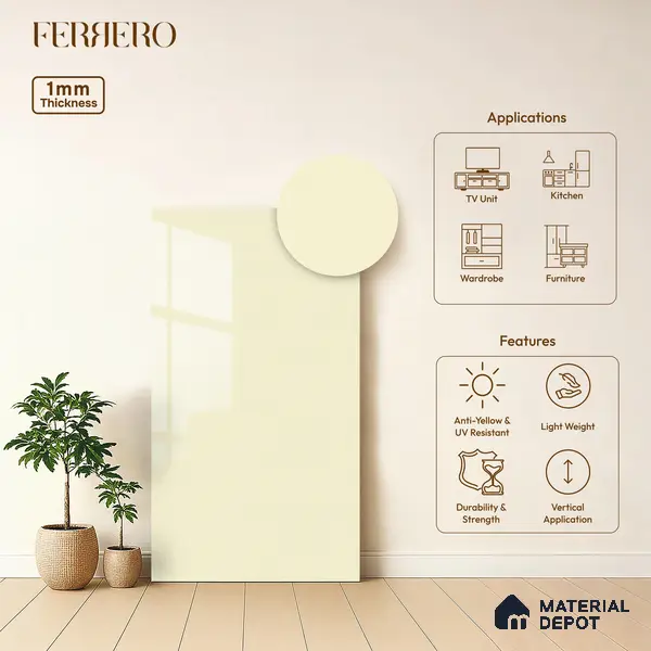 Beige Solid Colors look 2B8058 A 8 Pearl White 8 ft x 4 ft Glossy Finish Decorative Laminate - 1 mm | Suitable for Living Room, Kitchen, Office | Matching Edgeband 6004 HG from Square 1