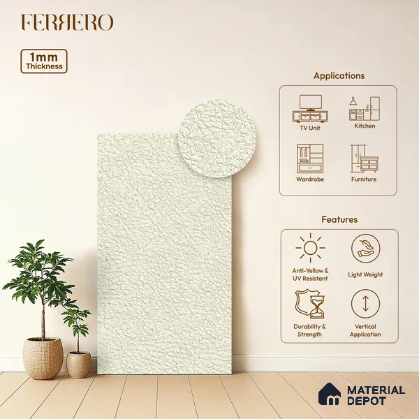 Beige Leather look 2BBR 4003 A 197 Warm Whisper 8 ft x 4 ft Texture Finish Decorative Laminate - 1 mm | Suitable for Bedroom, TV Unit, Wardrobe, Kitchen Cabinet | Matching Edgeband 75637 from Rehau