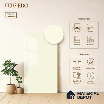 Beige Solid Colors look 2BBR 4003 A 8 Warm Whisper 8 ft x 4 ft Glossy Finish Decorative Laminate - 1 mm | Suitable for Living Room, Kitchen, Office | Matching Edgeband 1000 from E3