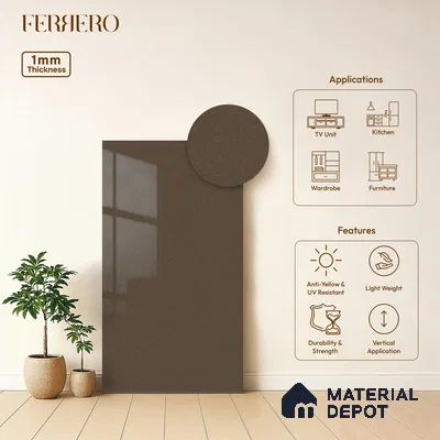Brown Solid Colors look 2B8038 A 8 Earth Mocha 8 ft x 4 ft Glossy Finish Decorative Laminate - 1 mm | Suitable for Living Room, Kitchen, Office | Matching Edgeband 1042 HG from E3