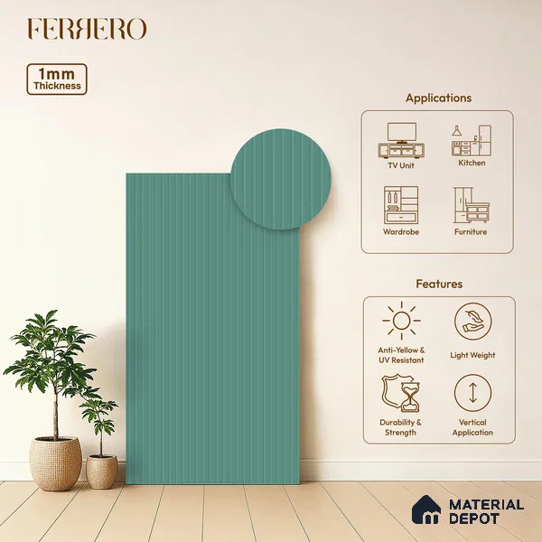 Cool Mint Teal Fluted Solid Color 2B8116 A 191 Cool Mint 8 ft x 4 ft Matte Finish Decorative Laminate - 1 mm | Suitable for TV Unit,Wardrobe, Kitchen Cabinets